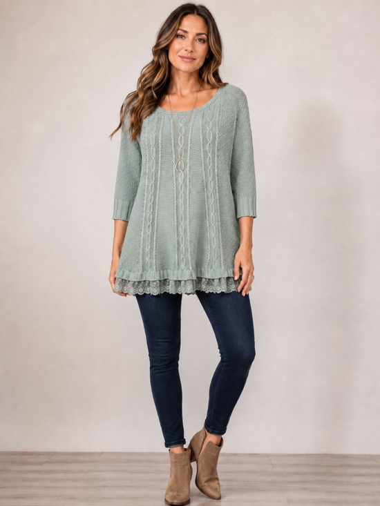 united states sweaters Sweaters - United States Sweaters Cable Knit Lace Sweater Sea Foam Green Coastal Grandma Lg